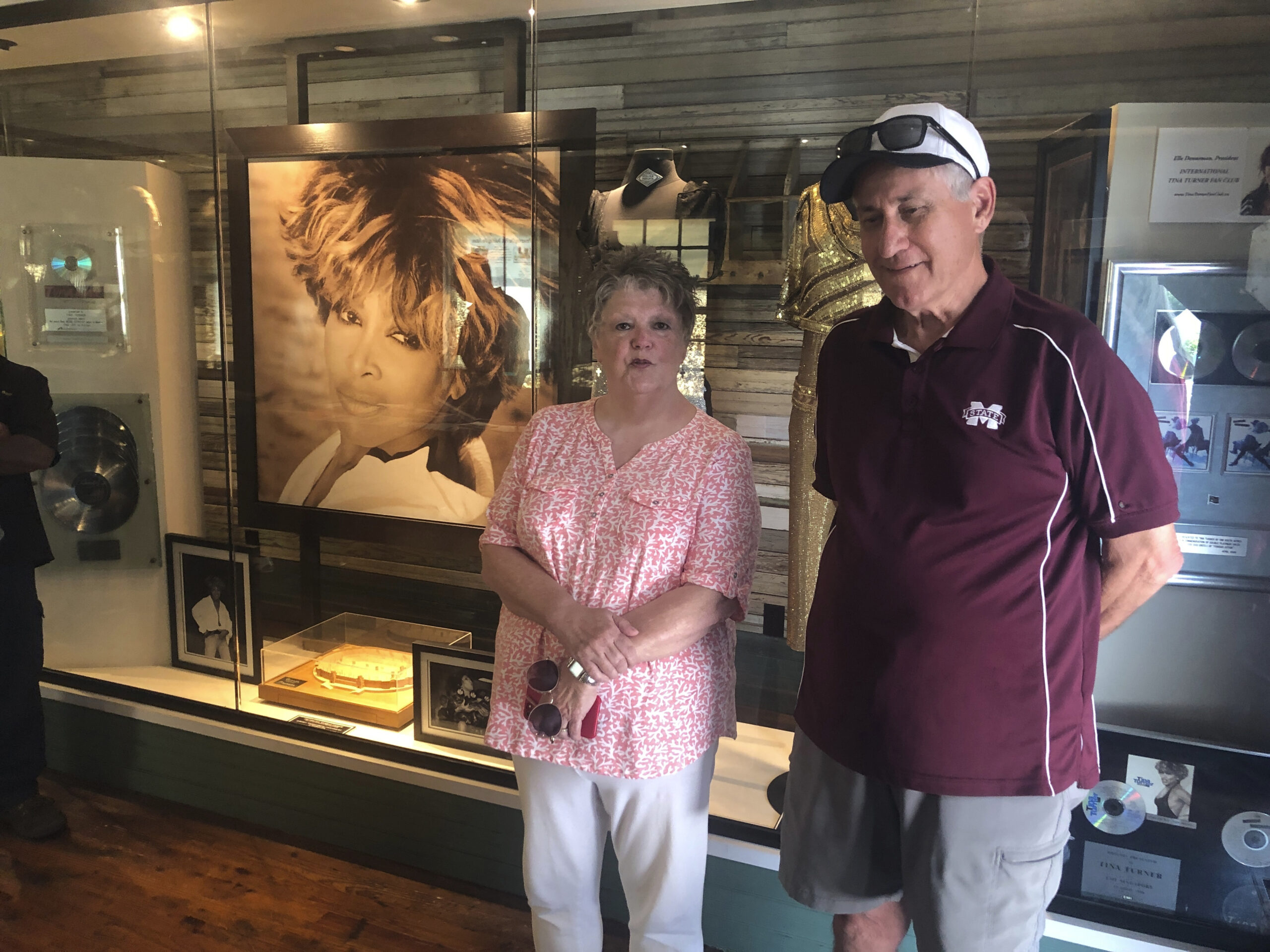 Sherry and Tom Raggett speak with a reporter inside the Tina Turner Museum at Flagg Grove School at...