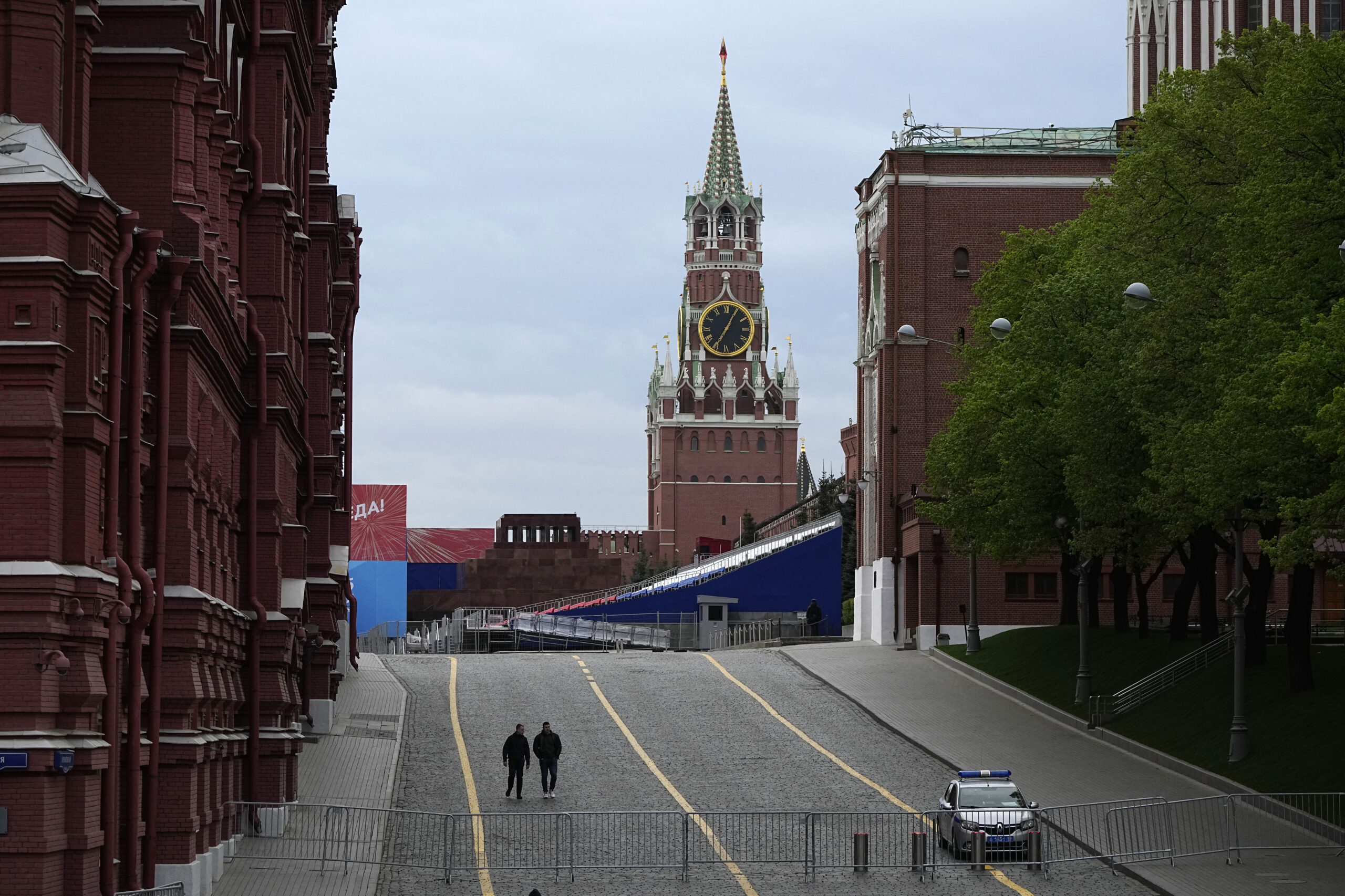 A view of the Red Square closed for Victory Parade preparation, with the Spasskaya Tower in the cen...