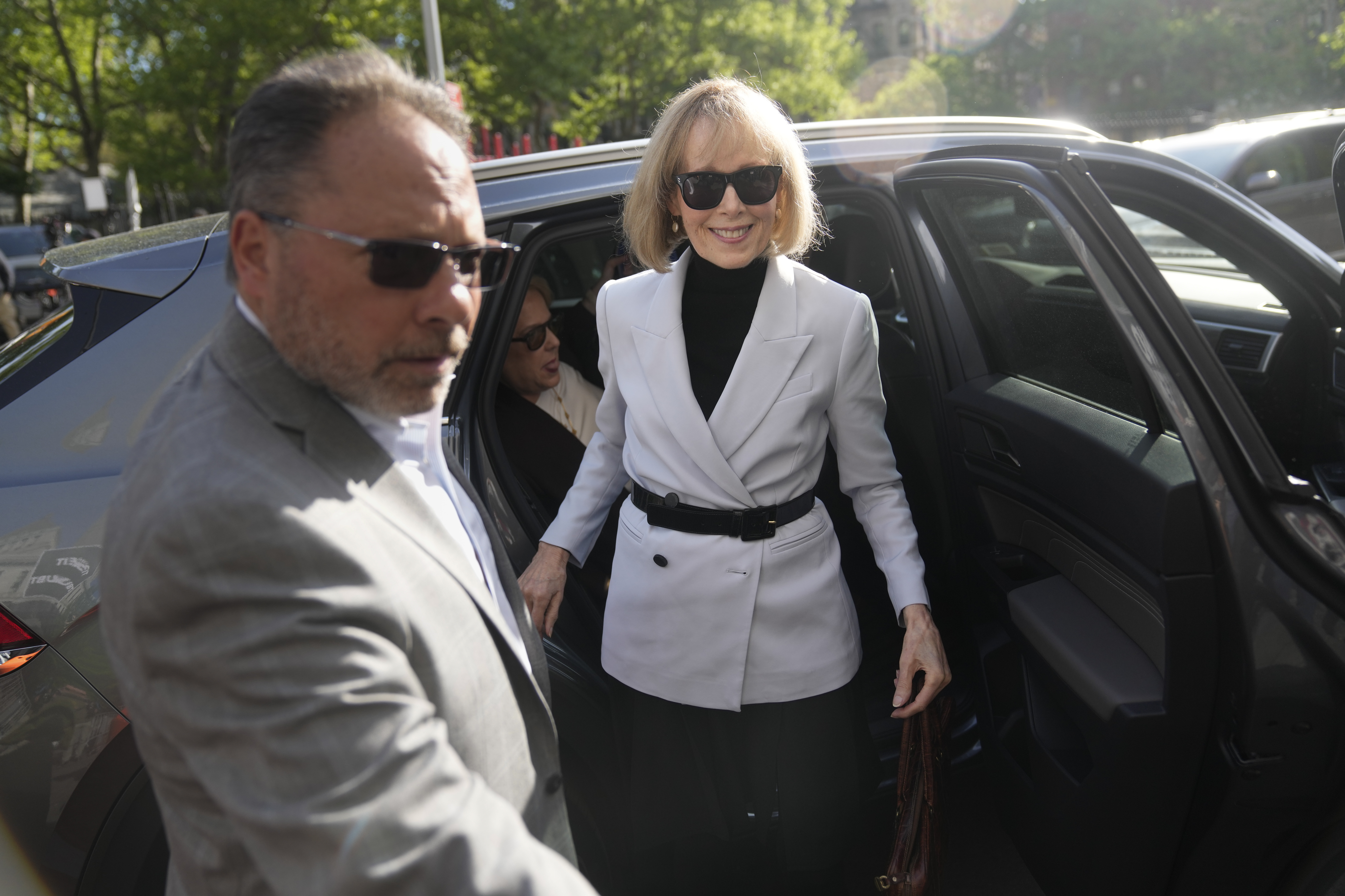 E. Jean Carroll arrives to federal court in New York, Monday, May 8, 2023. Former President Donald ...