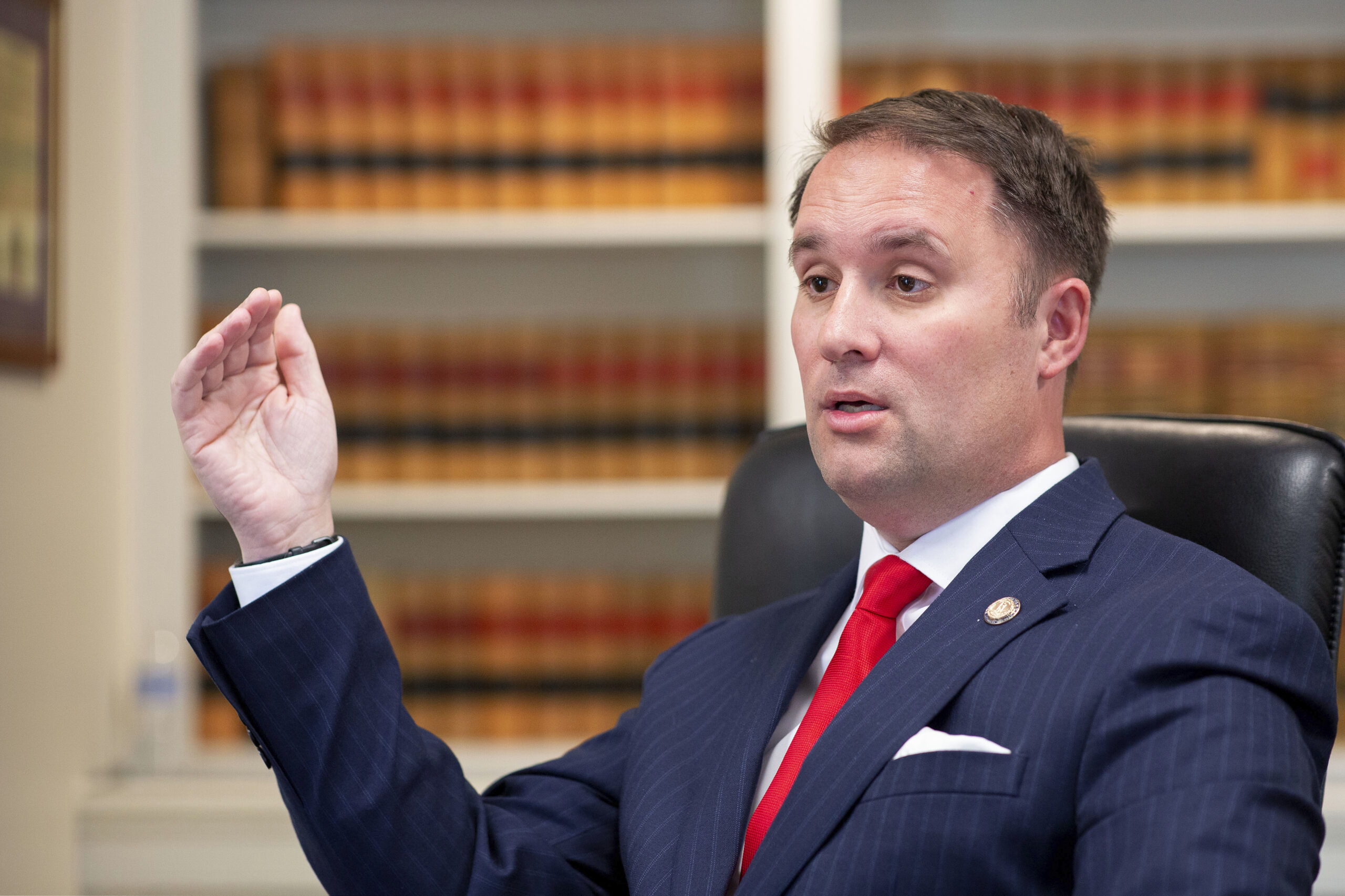 Virginia Attorney General Jason Miyares speaks during an interview at the Office of the Attorney Ge...