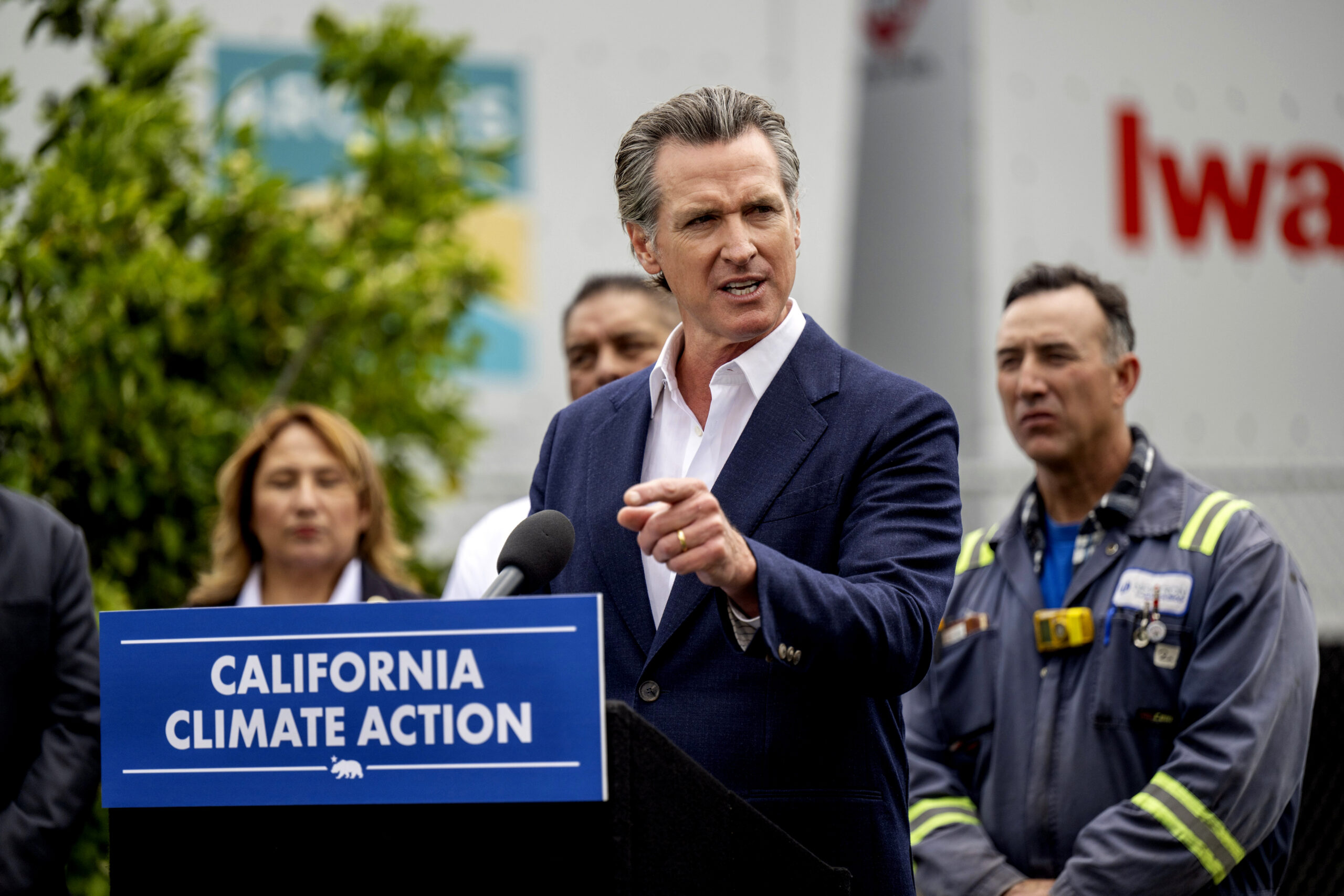 FILE - California Gov. Gavin Newsom speaks during a news conference in Paramount Calif., Monday, Ma...