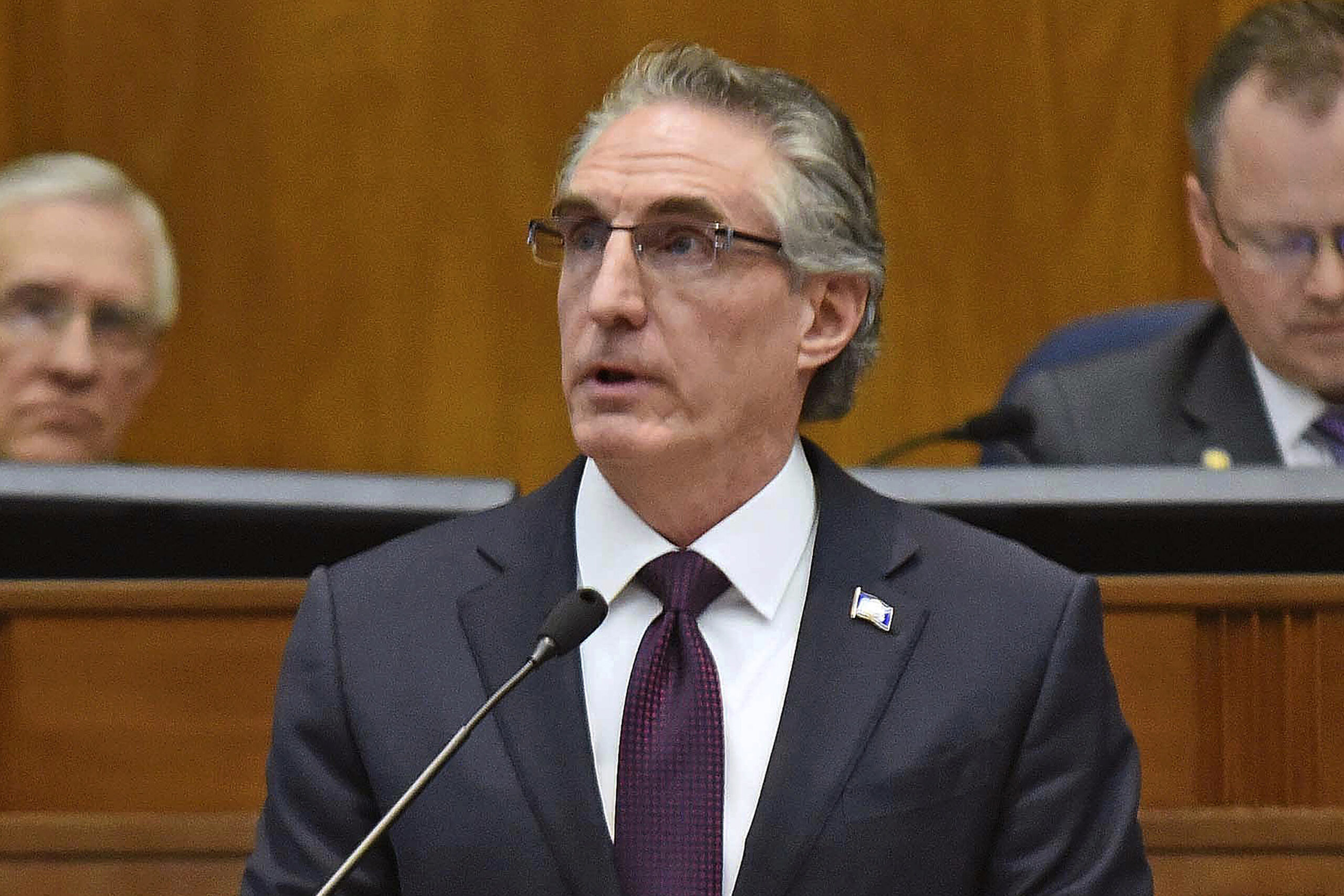 FILE - North Dakota Gov. Doug Burgum delivers his budget address before a joint session of the Nort...