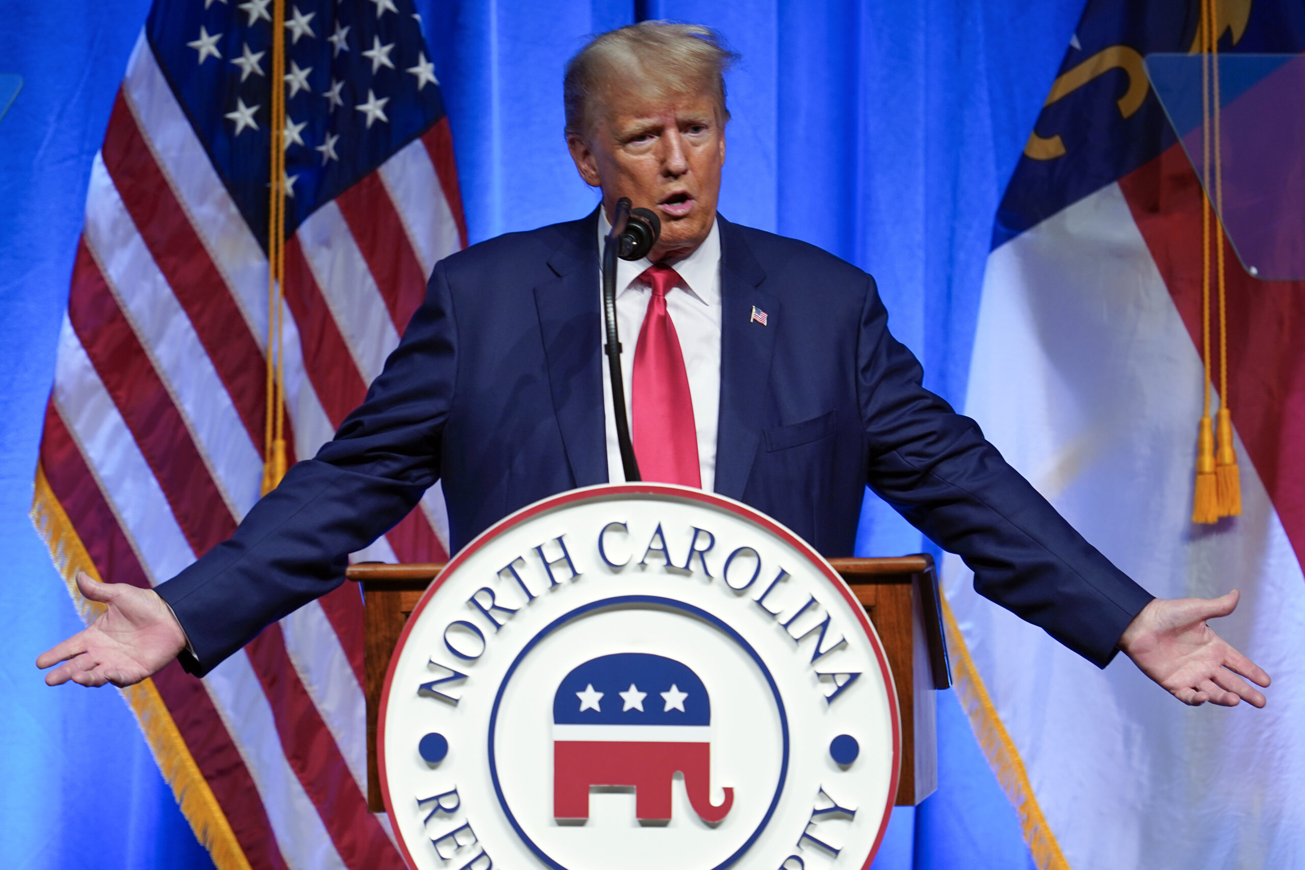 Former President Donald Trump speaks during the North Carolina Republican Party Convention in Green...