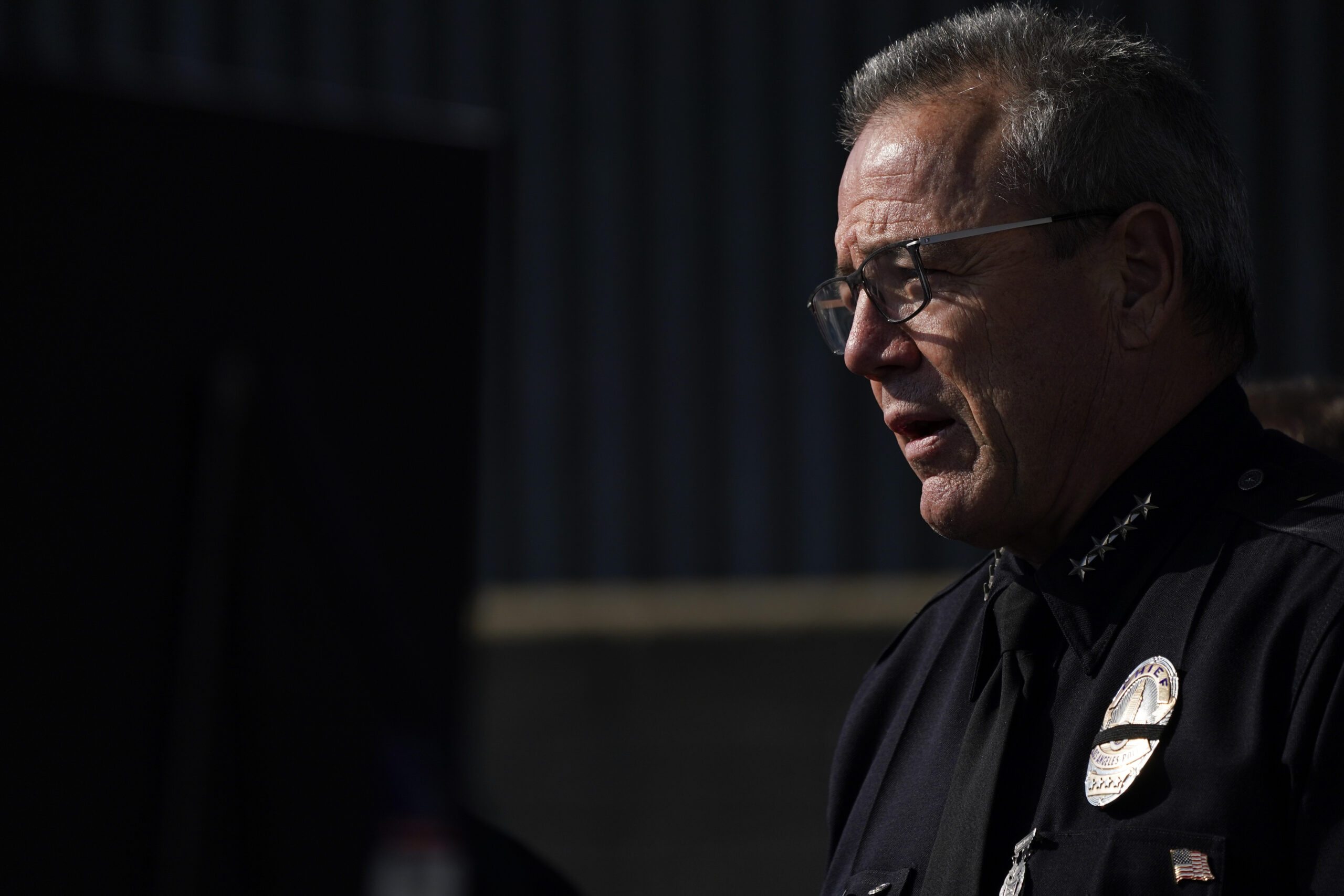 FILE - Los Angeles Police Department Chief Michel Moore speaks at a news conference, Jan. 18, 2022,...