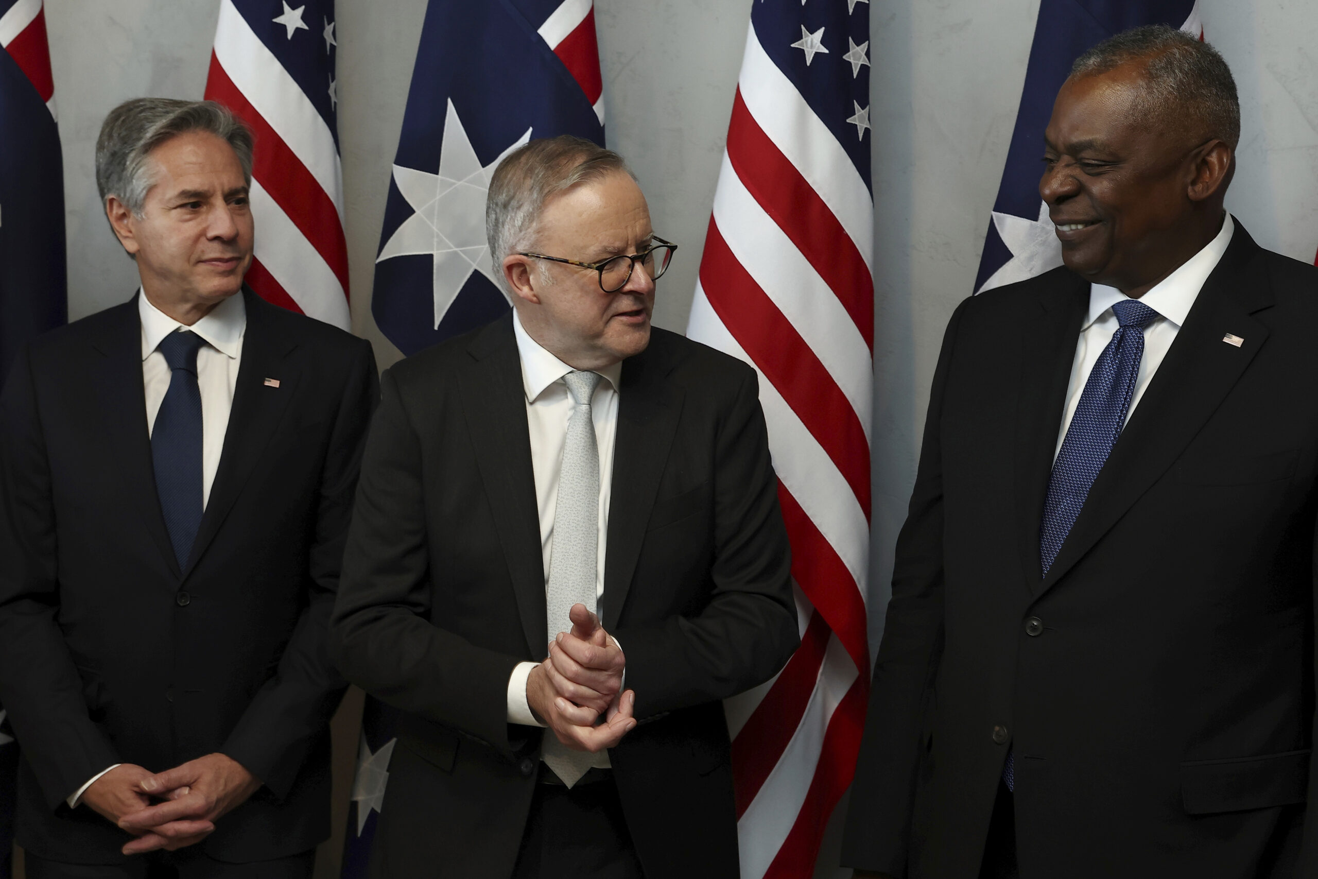 Australian Prime Minister Anthony Albanese, center, speaks with U.S. Secretary of State Antony Blin...
