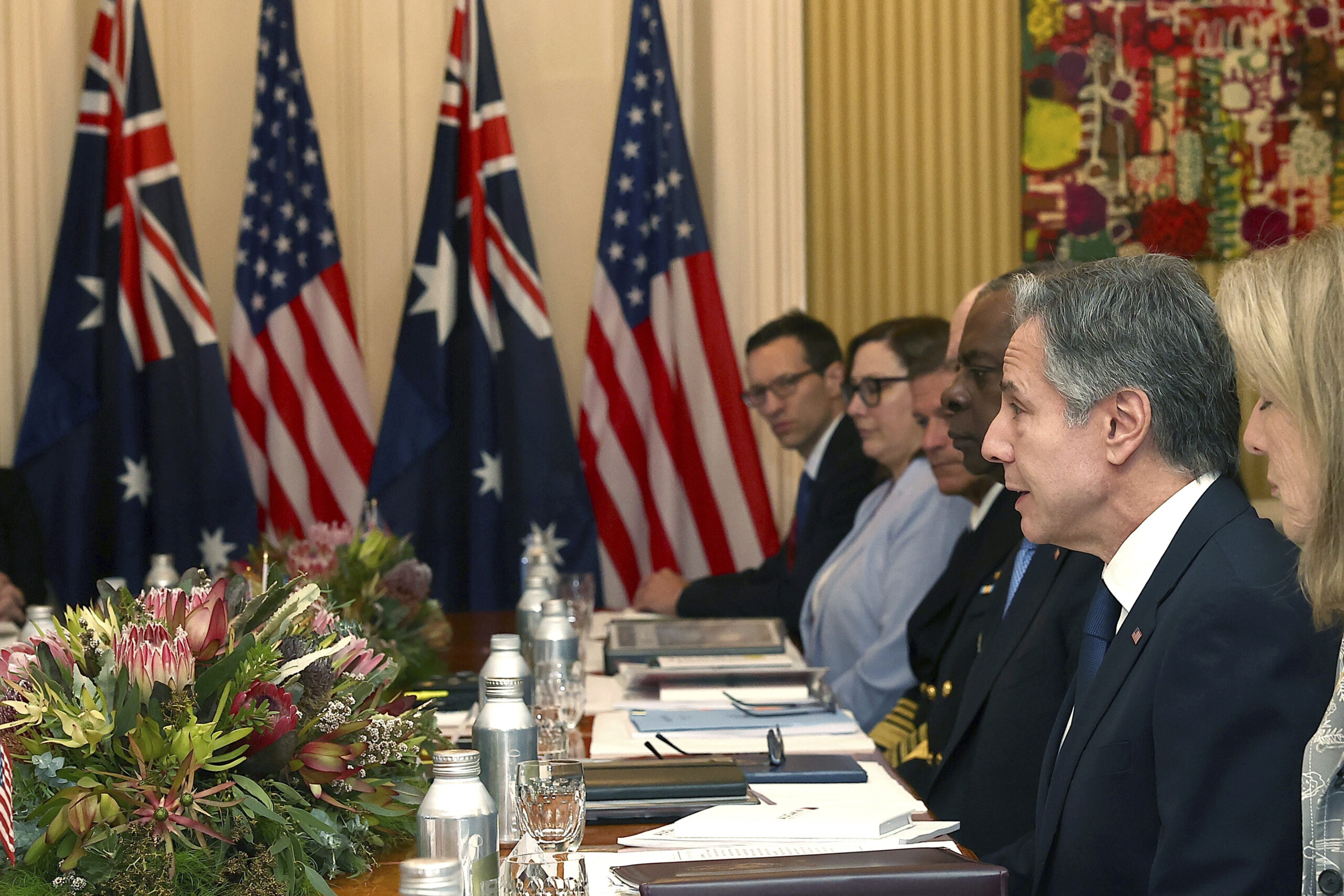 U.S. Secretary of State Antony Blinken talks to Australian Minister of Defense Richard Marles and A...