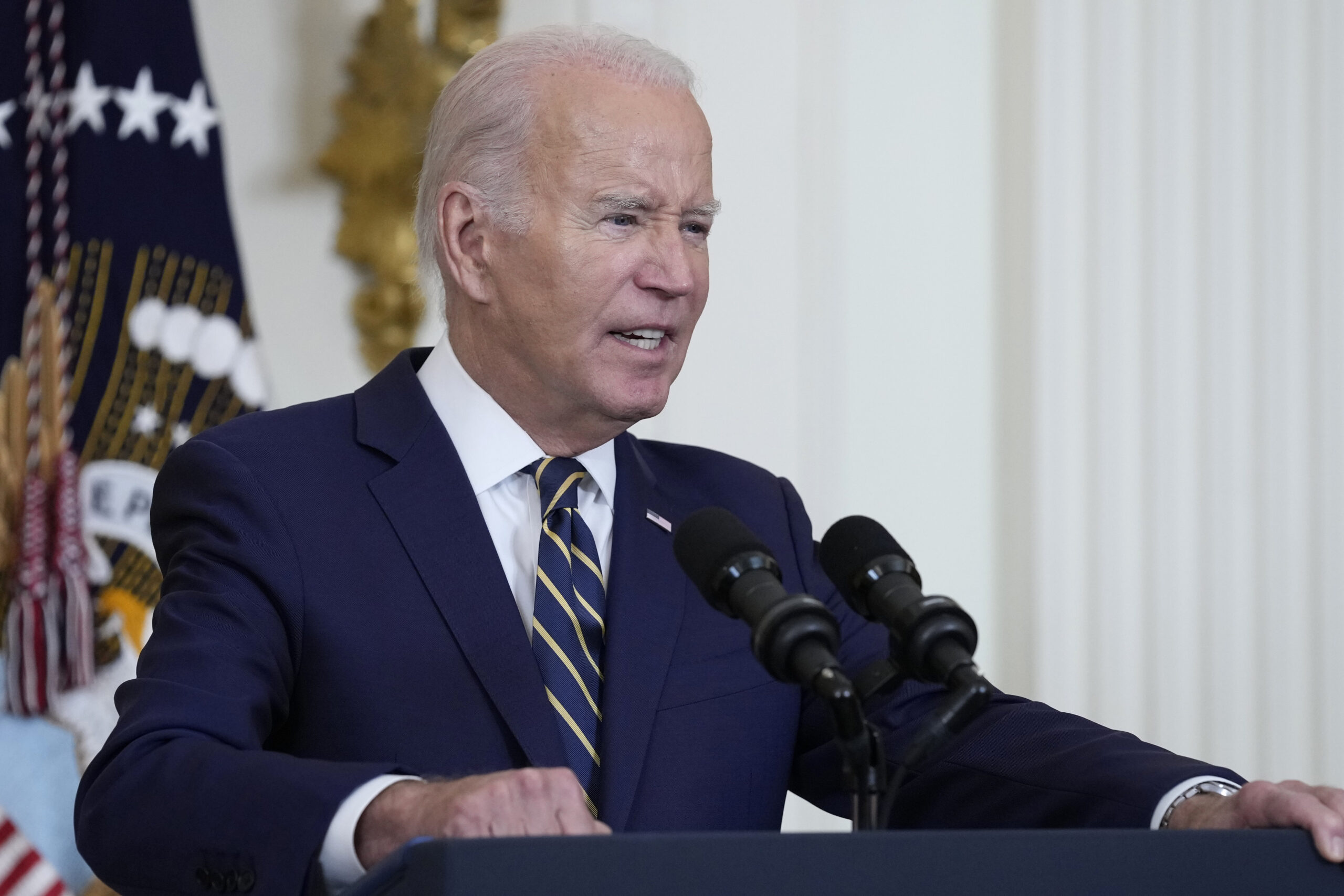 President Joe Biden speaks in the East Room of the White House in Washington, Tuesday, July 25, 202...