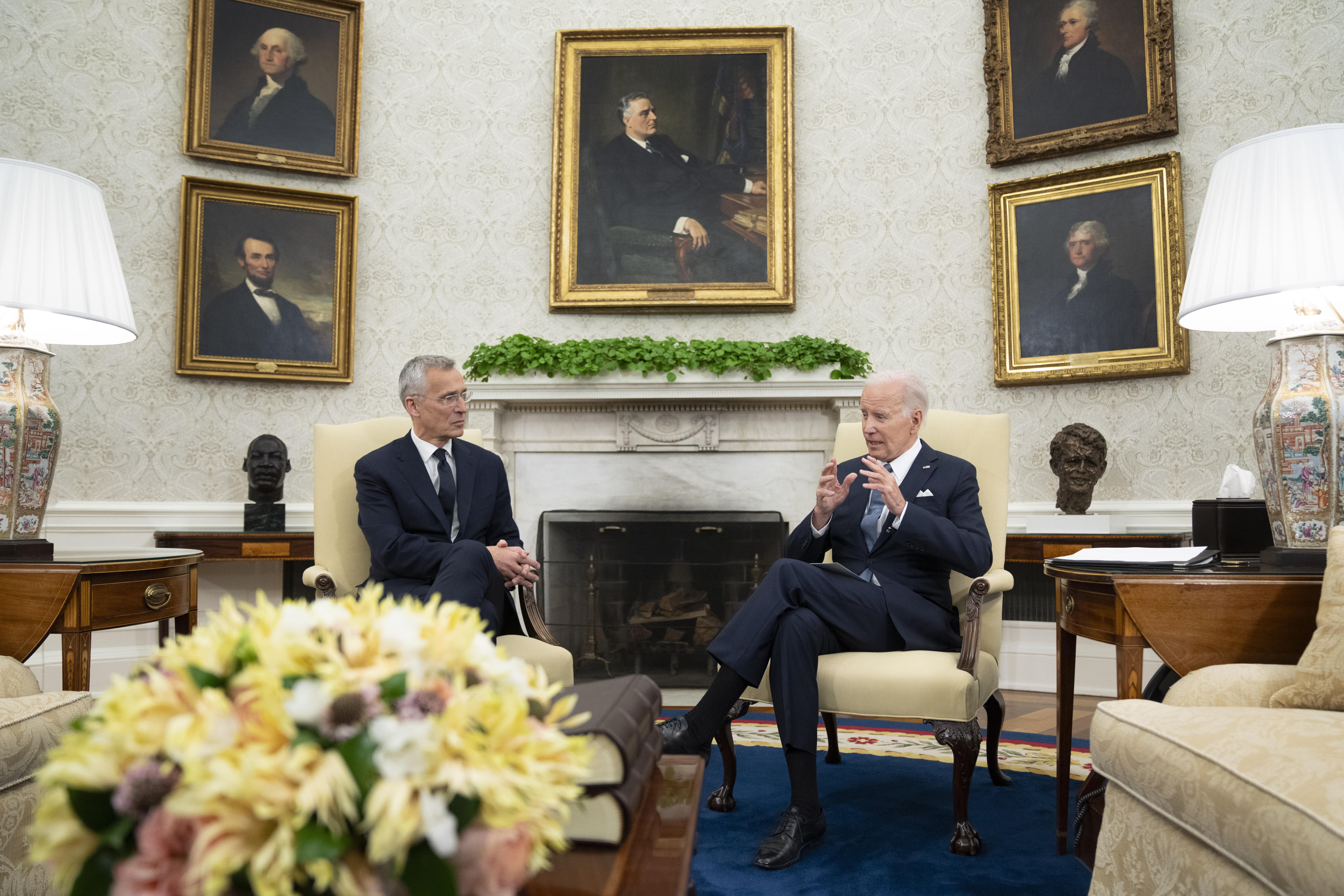 FILE - President Joe Biden meets with NATO Secretary General Jens Stoltenberg in the Oval Office of...