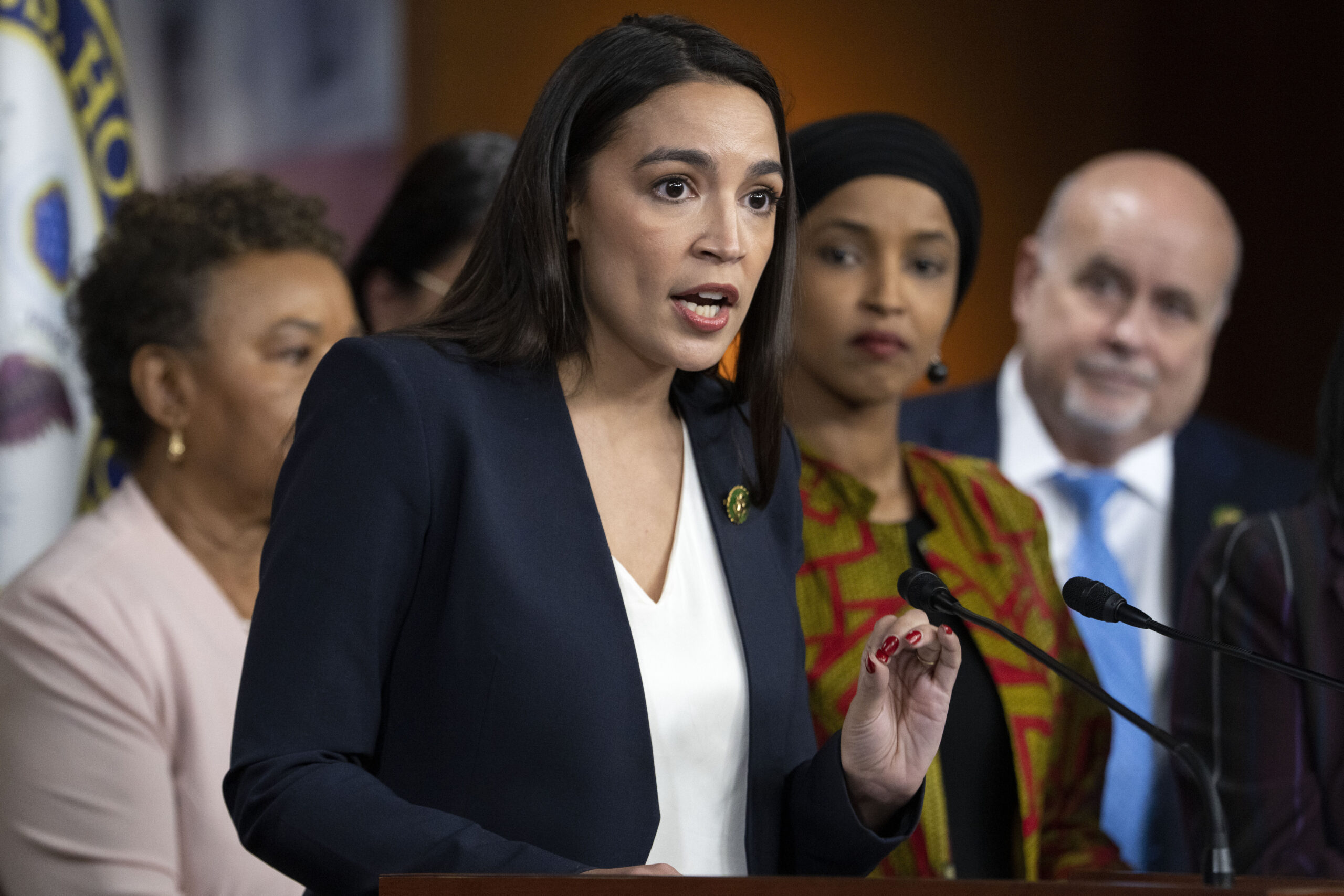 FILE - Rep. Alexandria Ocasio-Cortez, D-N.Y., speaks during a news conference by the Congressional ...