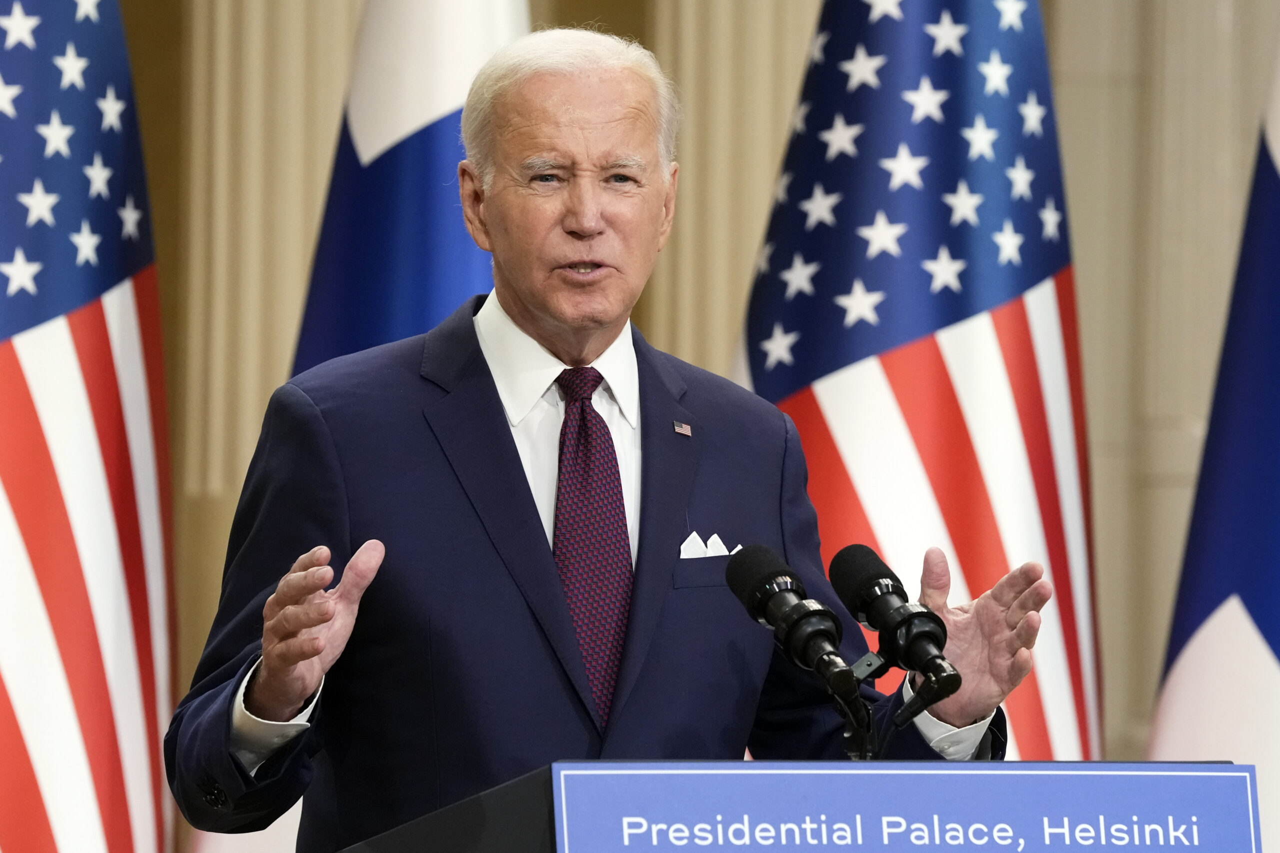 FILE - President Joe Biden speaks during a news conference with Finland's President Sauli Niinisto ...