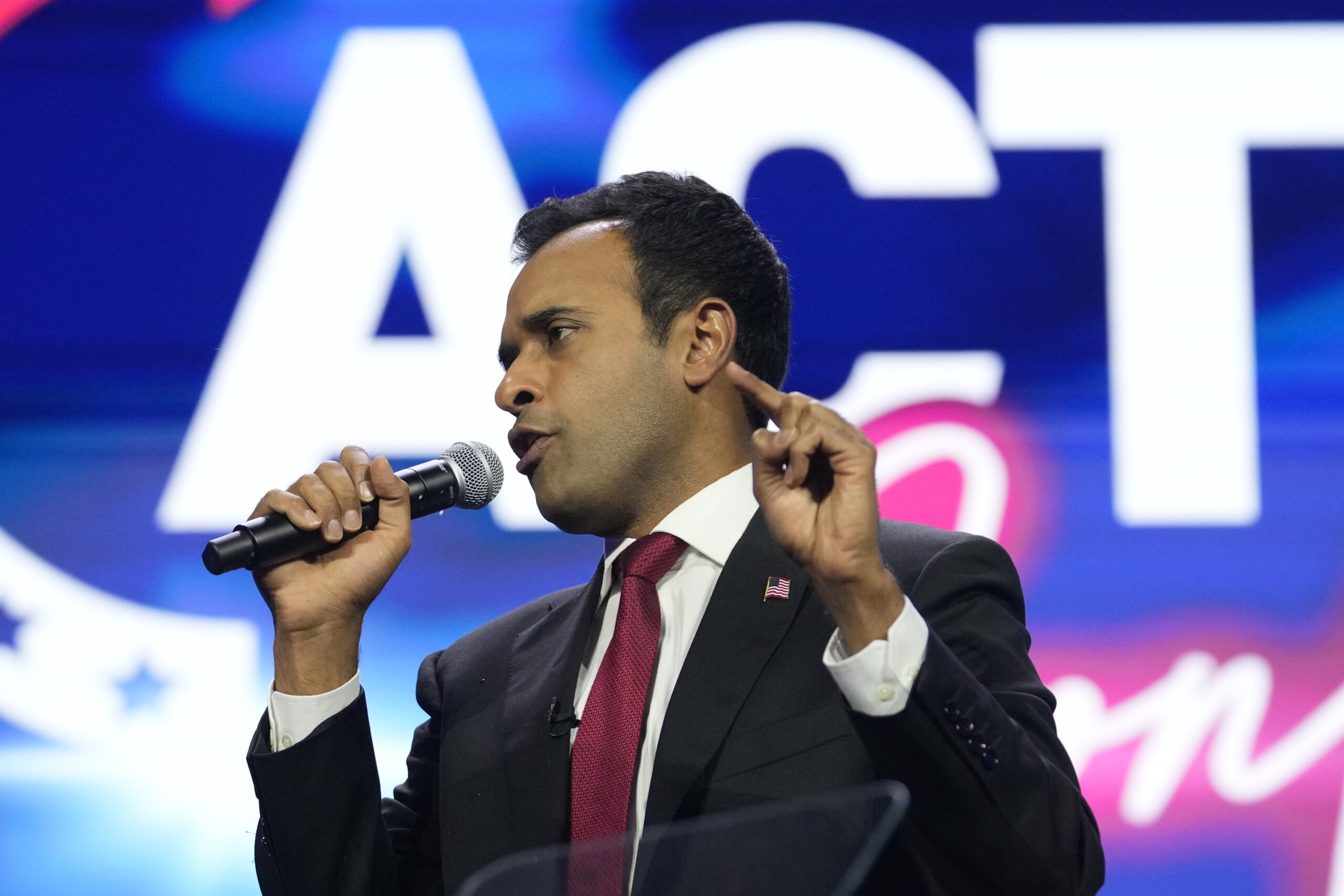 Republican presidential candidate Vivek Ramaswamy speaks during the Turning Point Action conference...