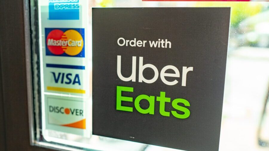 Close-up of logo for Uber Eats on the window of a restaurant in Walnut Creek, California, September...