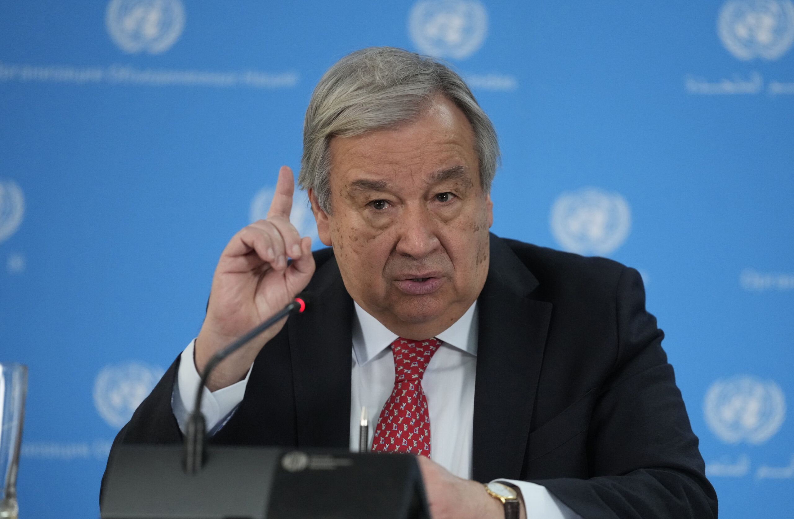 FILE - U.N secretary General Antonio Guterres addresses the media during a visit to the U.N. office...