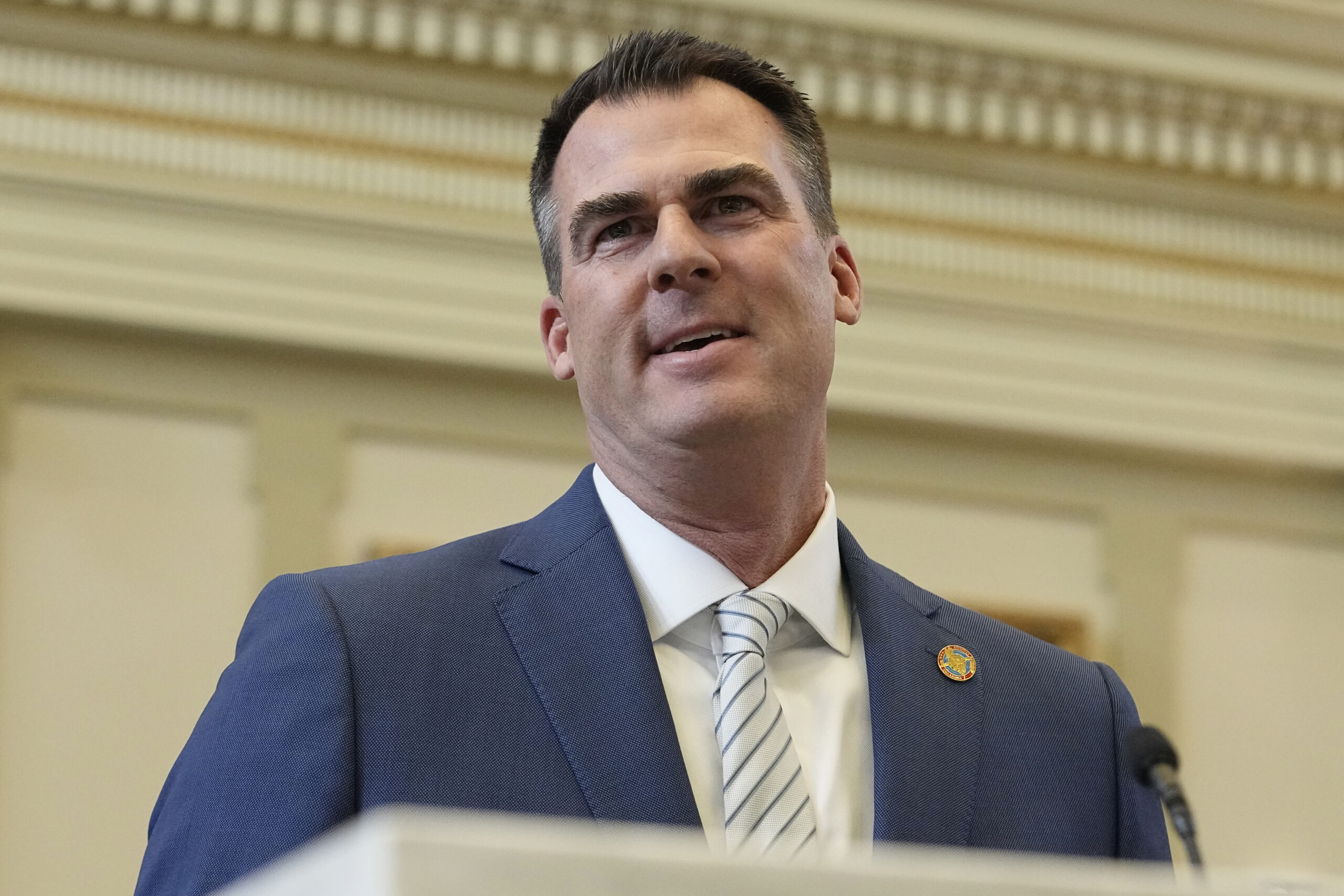 FILE - Oklahoma Gov. Kevin Stitt delivers his State of the State address, Feb. 6, 2023, in Oklahoma...