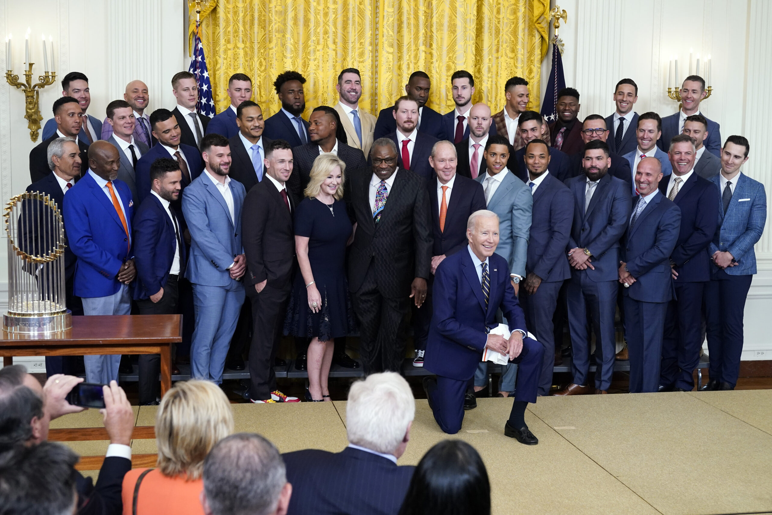 President Joe Biden poses for a photo during an event celebrating the 2022 World Series champion Ho...