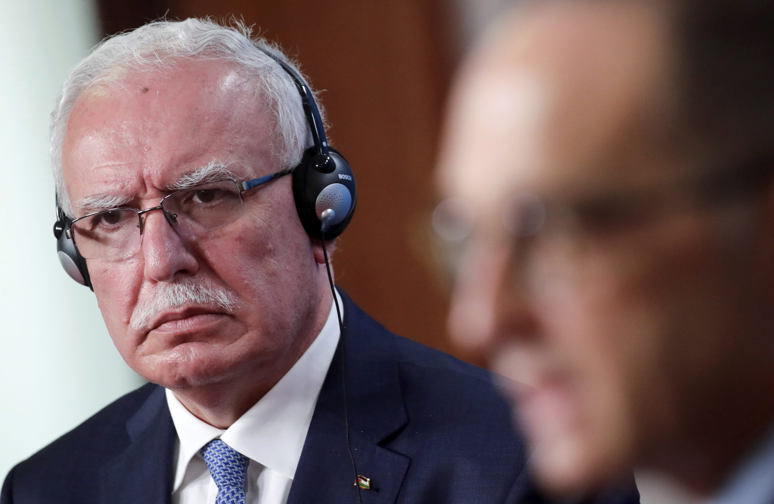 CORRECTS NAME OF PALESTINE FOREIGN MINISTER, FILE - Palestine Foreign Minister Riad Malki, left, li...