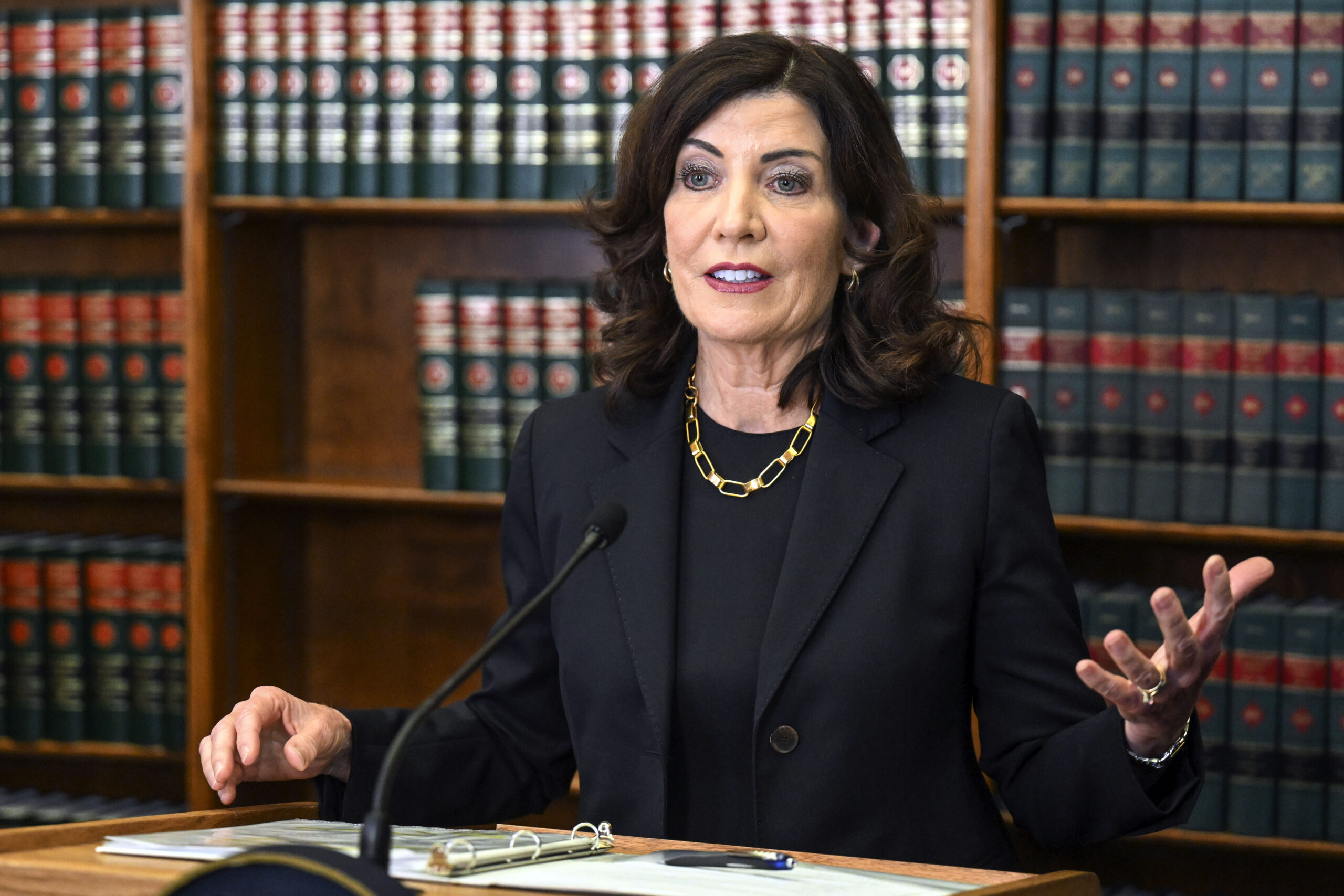 FILE — New York Gov. Kathy Hochul speaks to reporters about end of session legislative bills and ...