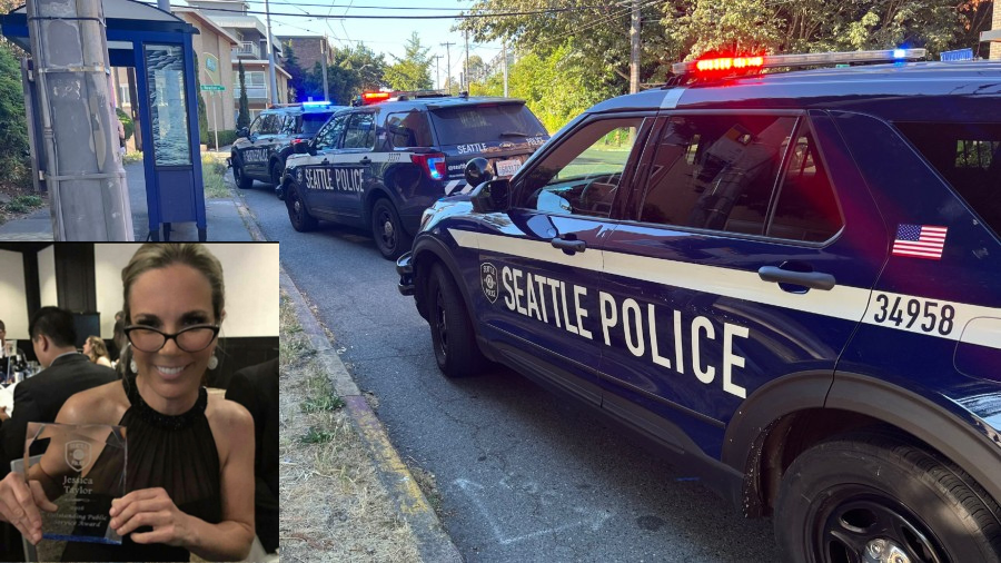 A photo of three Seattle Police Department vehicles with a photo of former Seattle Police Departmen...