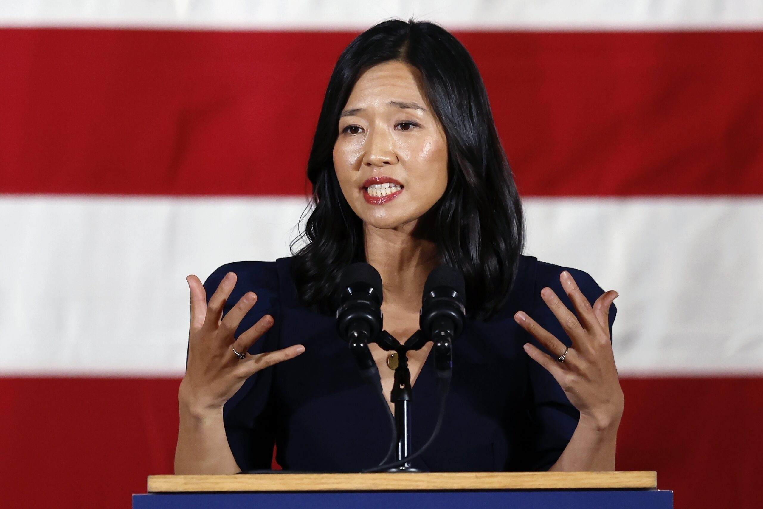 FILE - Boston Mayor Michelle Wu speaks during a Democratic election night party, Nov. 8, 2022, in B...