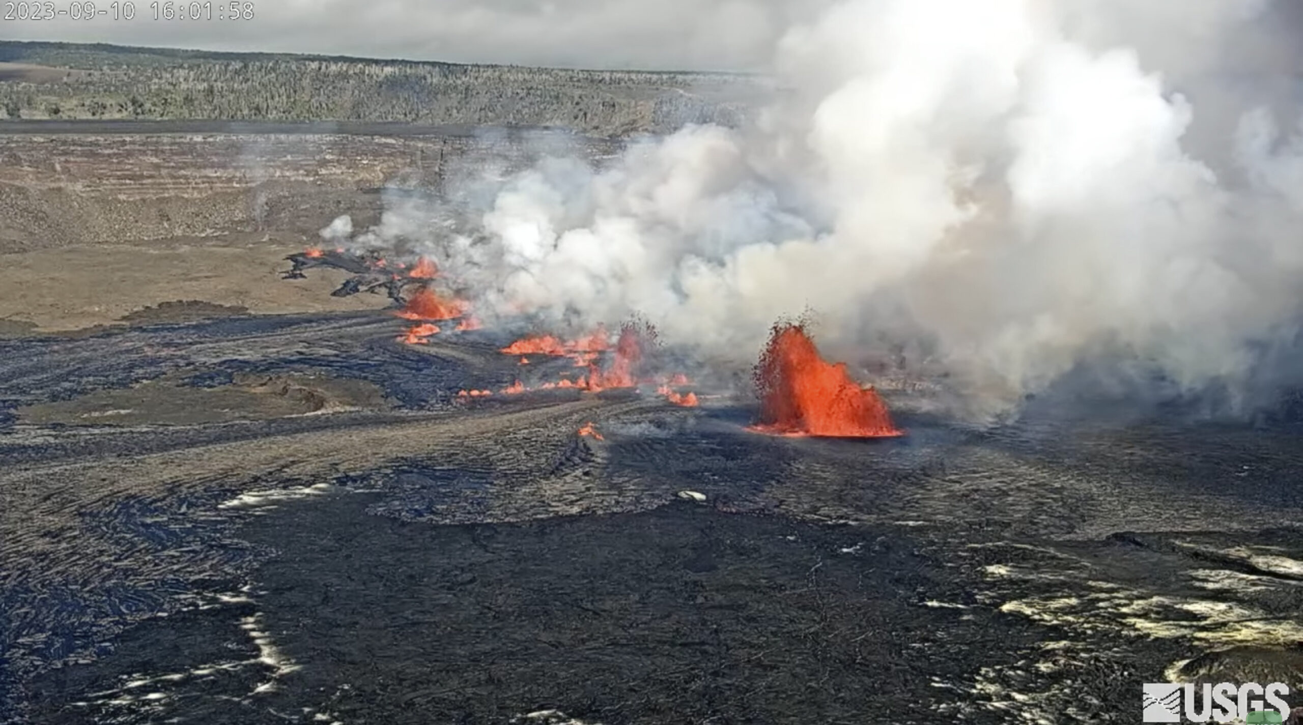 In this screen grab from webcam video provided by the U.S. Geological Survey, Kilauea, one of the m...