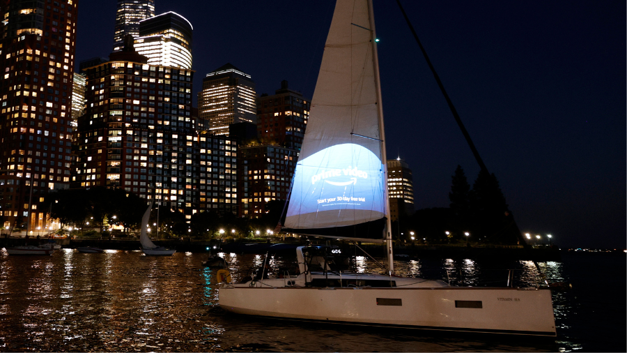 Image: A view of Amazon Prime Video logo projected on a sail at a reception for Season 2 of "Modern...