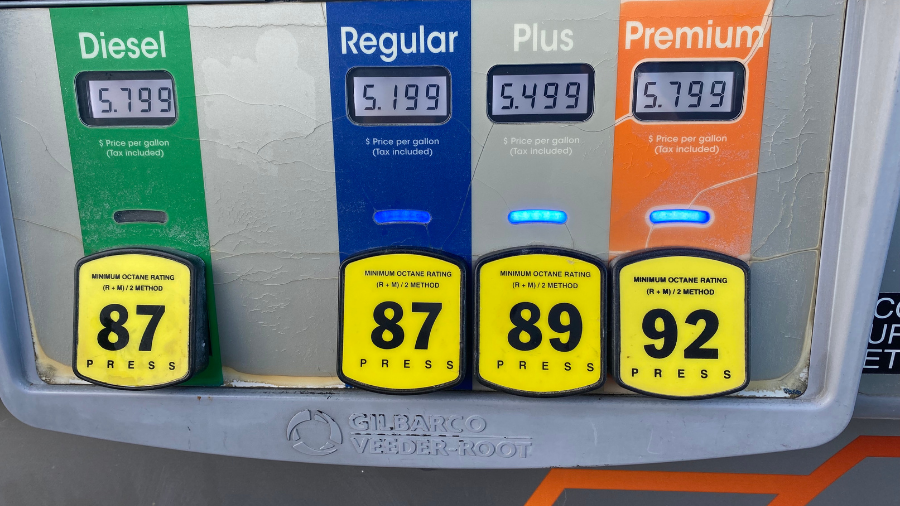 Image: The prices of various types of gas are seen at a Western Washington 76 gas station on Oct. 1...