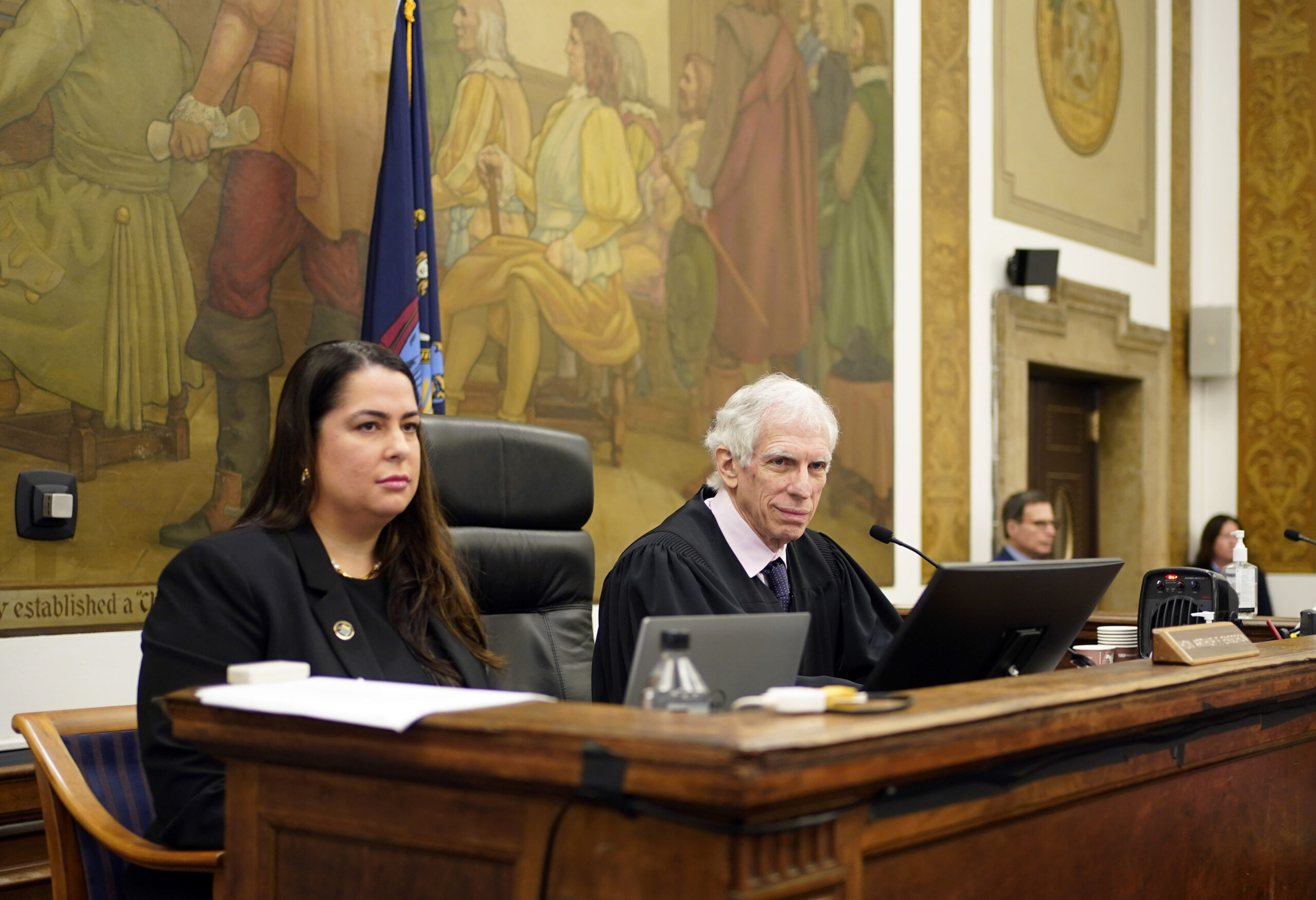 FILE - Judge Arthur Engoron, right, and principal law clerk Allison Greenfield sit on the bench dur...