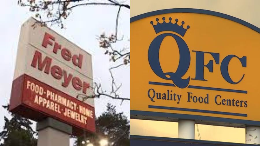 Signs for Fred Meyer, QFC stores, both owned by Kroger. (MyNorthwest file photos)...