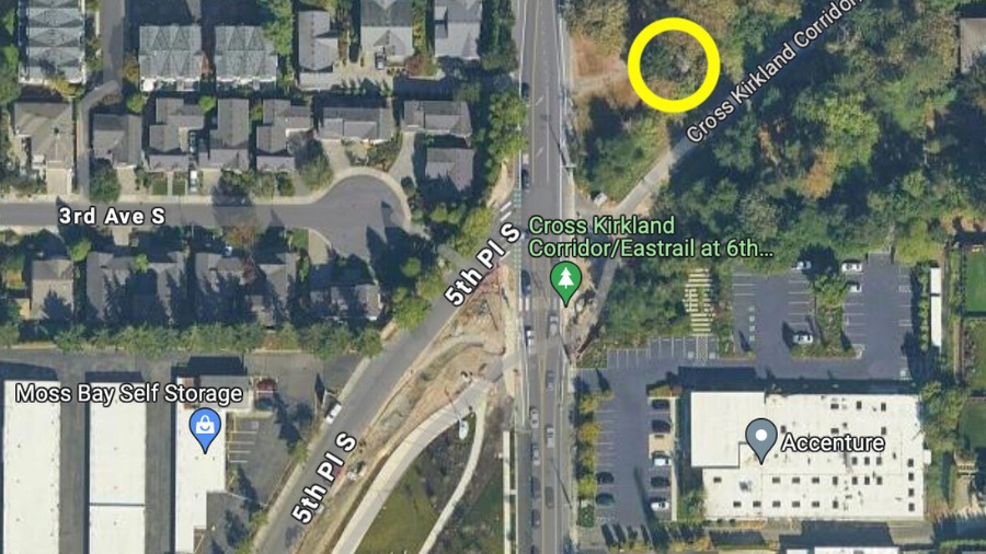 Image: A Google Map image with the site of the little house, the new Fisk Family Park in Kirkland, marked with yellow circle.