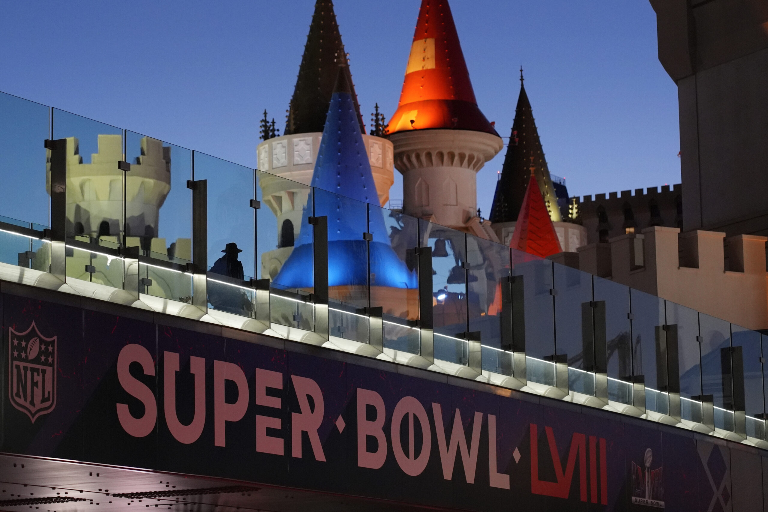 A sign for Super Bowl 58 adorns a pedestrian walkway across the Las Vegas Strip ahead of the Super ...