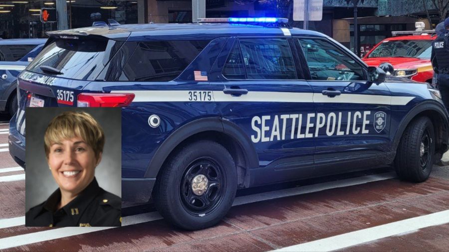 Inset: Headshot of Seattle Police Department (SPD) Captain Deanna Nollette; Primary photo: An SPD v...