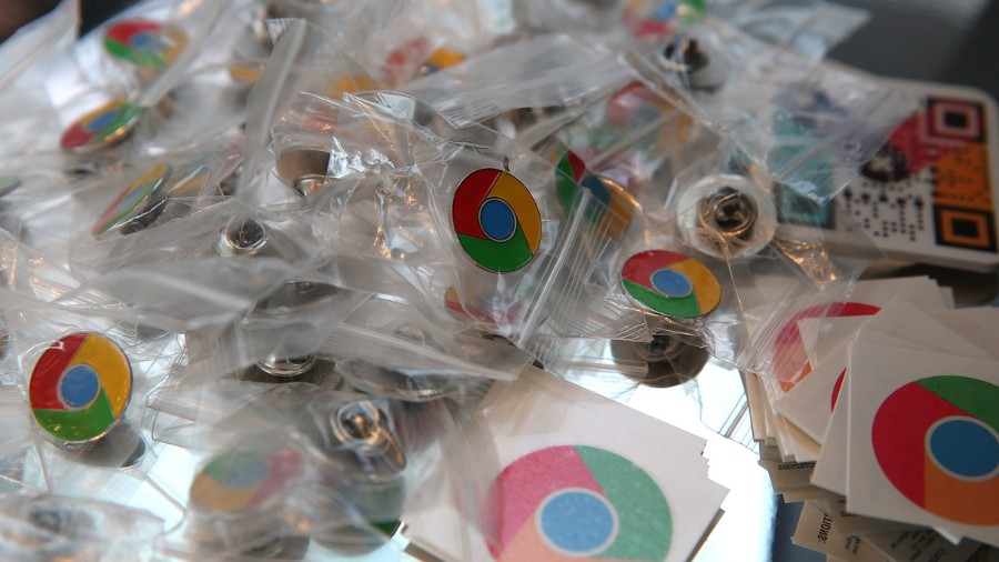 Image: Google Chrome pins and stickers are displayed during the Google I/O developers conference at...