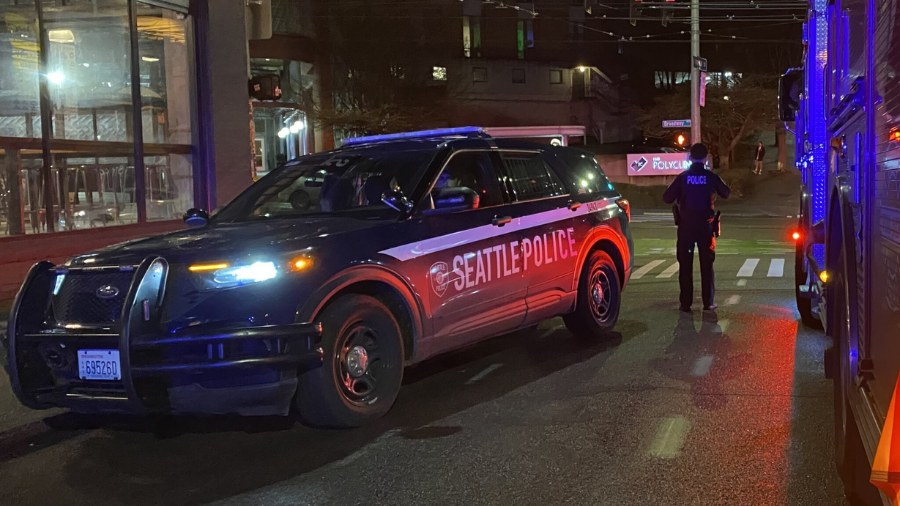 Image: A Seattle Police Department vehicle is seen as an officer stands nearby....