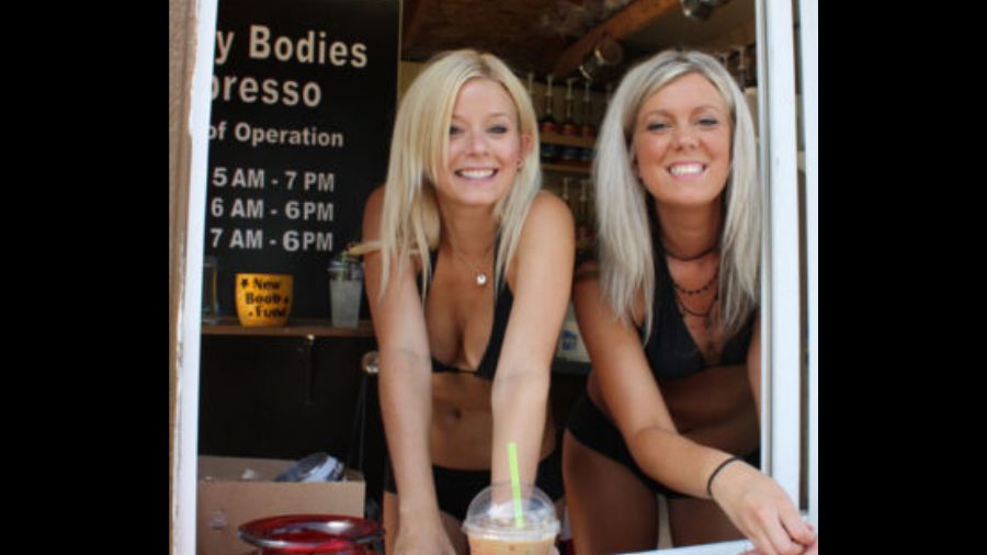 Photo: Amber, left, and Autumn working as bikini baristas in Ballard....