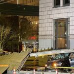 A car plowed into scaffolding and a building in downtown Seattle overnight. (Photo: Kate Stone, KIRO Newsradio)