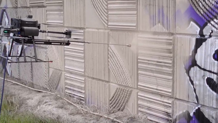 Photo: A prototype drone test sprays paint to cover up graffiti in Tacoma in spring 2024....