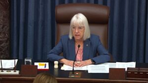 Image: In this image from video from Senate Television, Sen. Patty Murray, D-Wash., presides over the court of impeachment and prepares to swear senators in for the impeachment trial of Homeland Security Secretary Alejandro Mayorkas on the Senate floor at the U.S. Capitol, Wednesday, April 17, 2024, in Washington. 