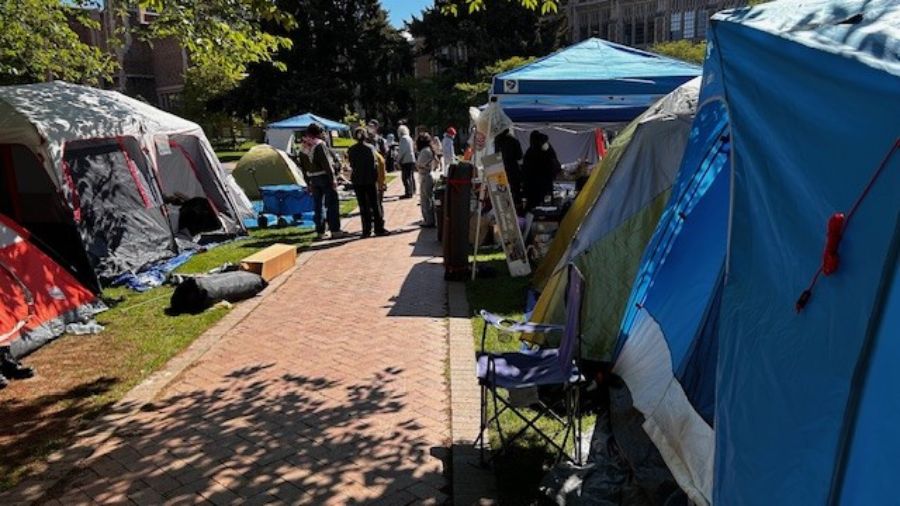 Image: The pro-Palestinian encampment on the UW campus in Seattle, seen here on May 2, 2024 is cont...