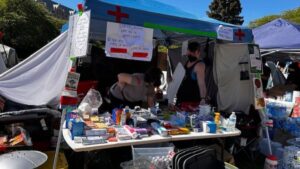 Photo: The united pro-Palestinian encampment seems ready for a long stay. There are two food pantries, with cases of bottled water and plenty to eat. It even has medical supplies and a library. 