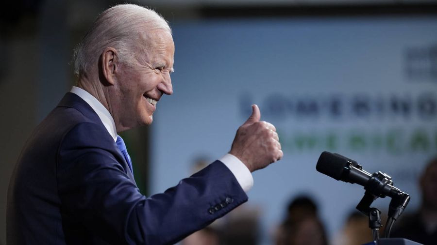 Photo: President Joe Biden gives a thumbs up after speaking at Green River College, Friday, April 2...