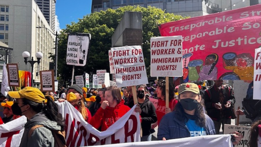 Image: People take part in a May Day march in Seattle on Wednesday, May 1, 2024....