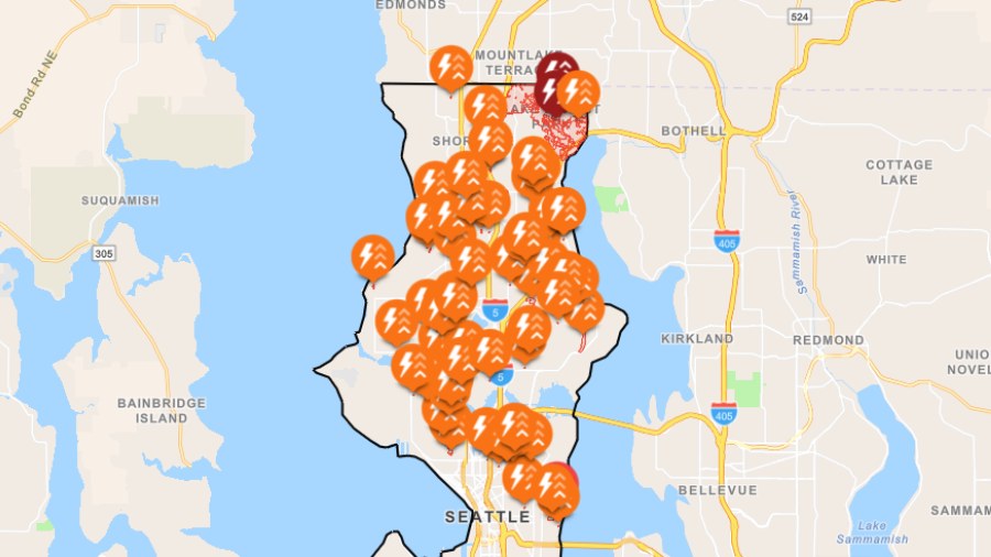 Image: A map of Seattle power outages as of 6:40 p.m. on Monday, June 3....