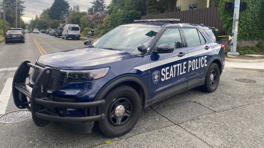 Image: A Seattle Police Department vehicle can be seen parked in the city of Seattle....