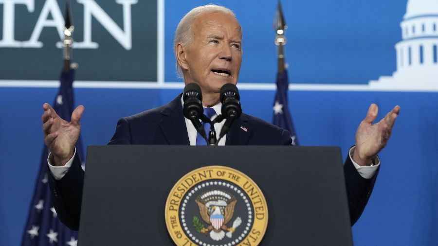 Photo: President Joe Biden speaks at a news conference following the NATO Summit in Washington, Thu...