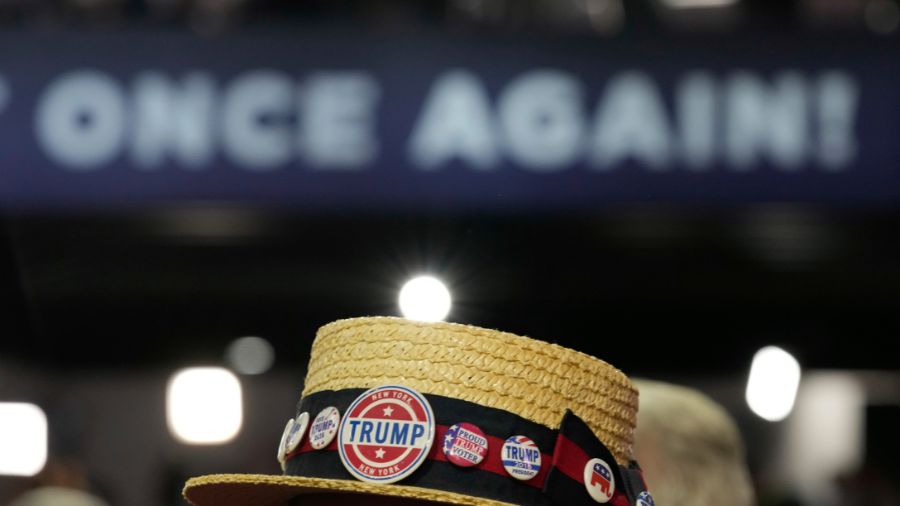 Photo: A delegate wears a hat with pins during the Republican National Convention Monday, July 15, ...