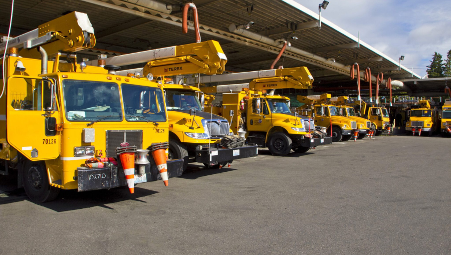 Seattle City Light trucks stand at the ready....