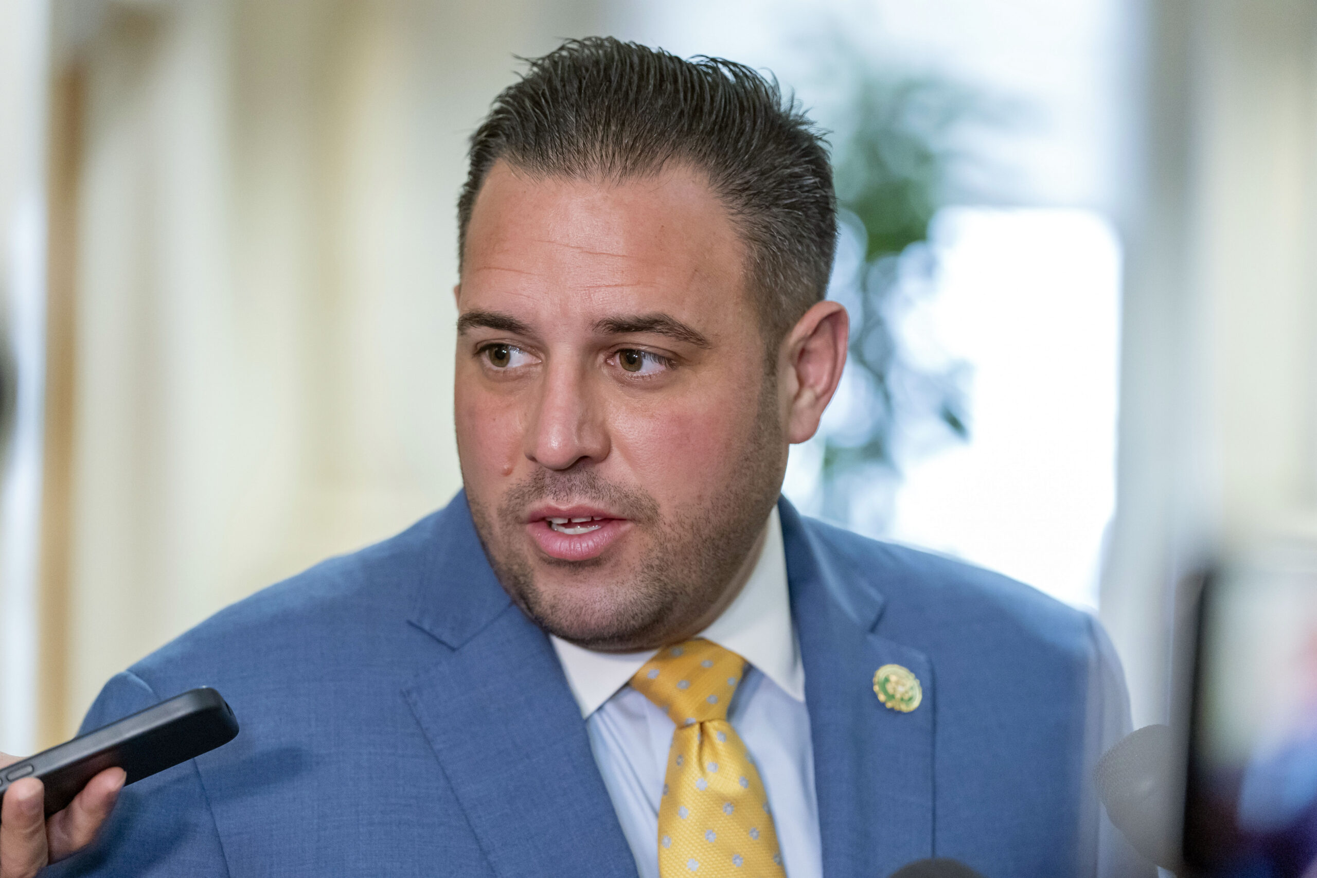 FILE - Rep. Anthony D'Esposito, R-N.Y., arrives for a meeting of Republicans on Capitol Hill in Was...