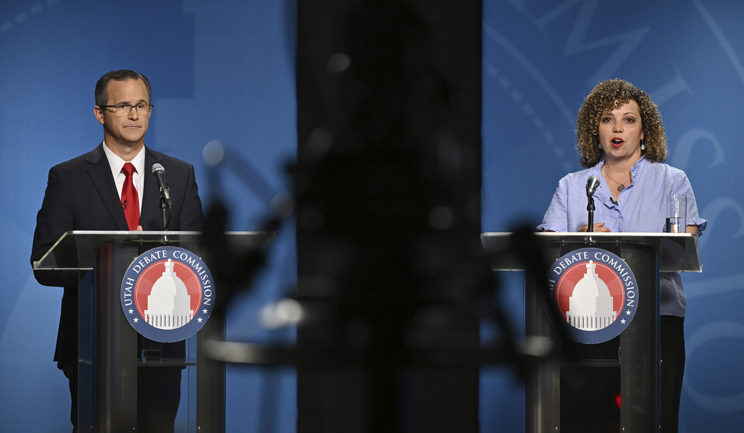 FILE - Rep. Celeste Maloy, R-Utah, right, speaks as Colby Jenkins looks on during Utah's 2nd Congre...