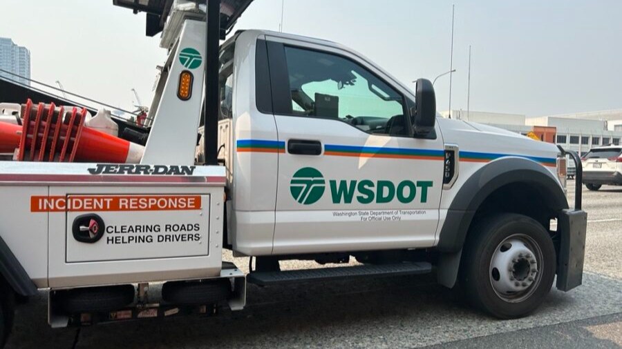 Image: A Washington State Department of Transportation (WSDOT) truck is seen on a state road....