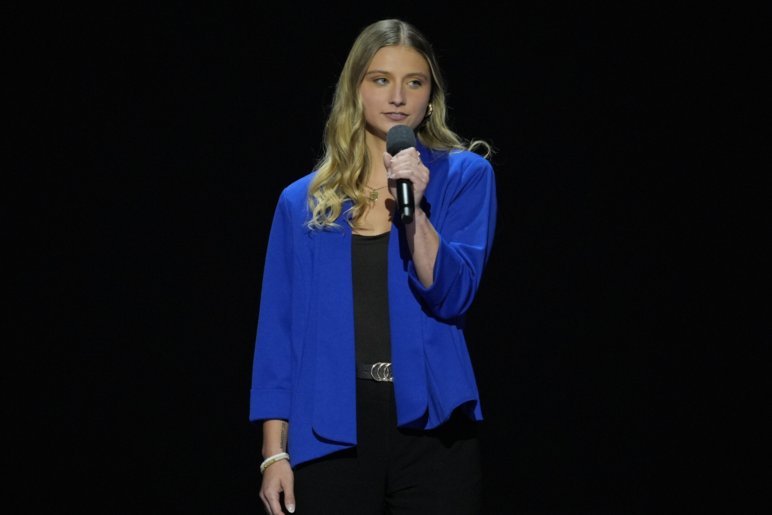 Hadley Duvall speaks on stage during the Democratic National Convention Monday, Aug. 19, 2024, in C...